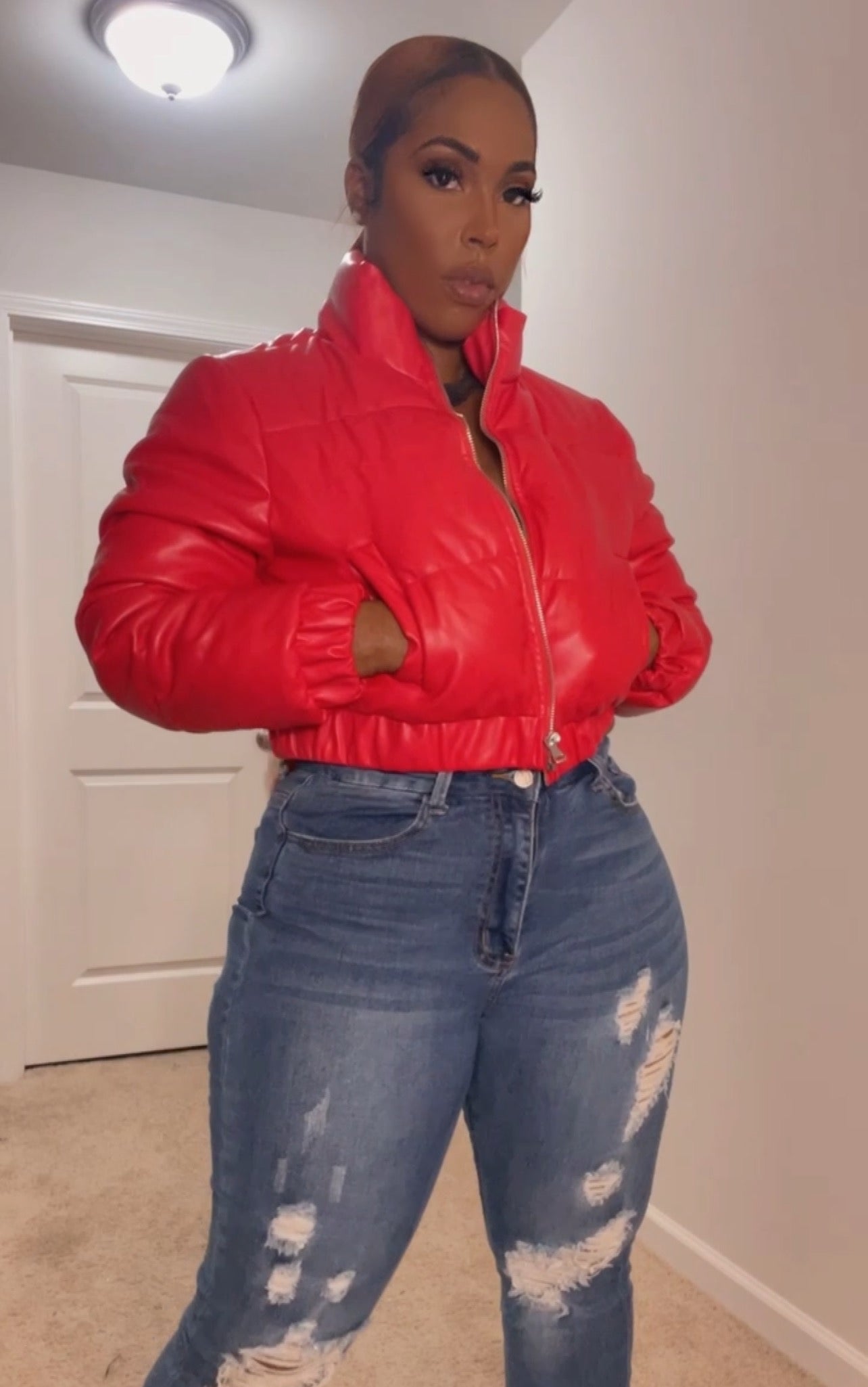 Red Faux Leather Puffer Jacket