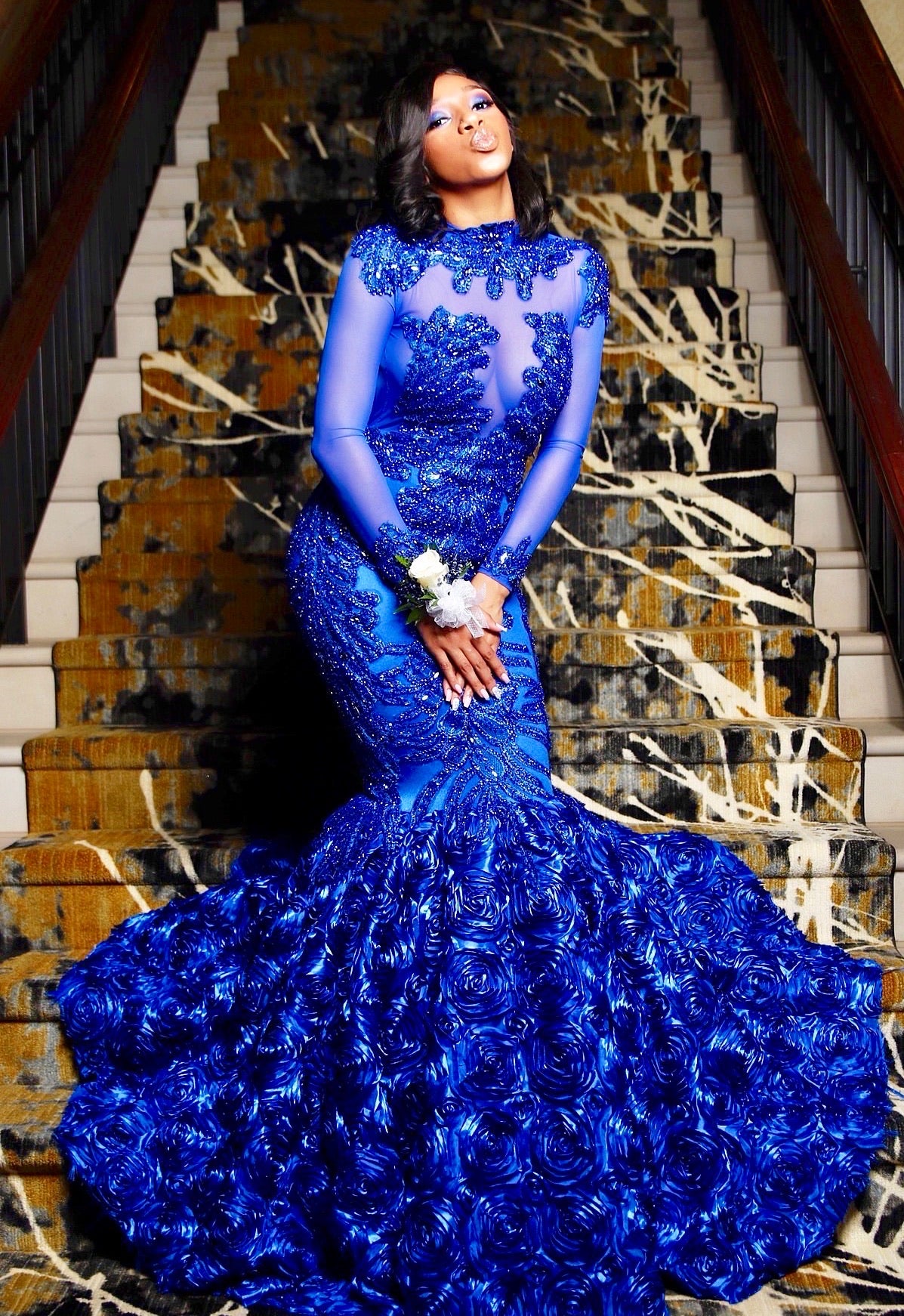 Blue Rosette Prom Dress