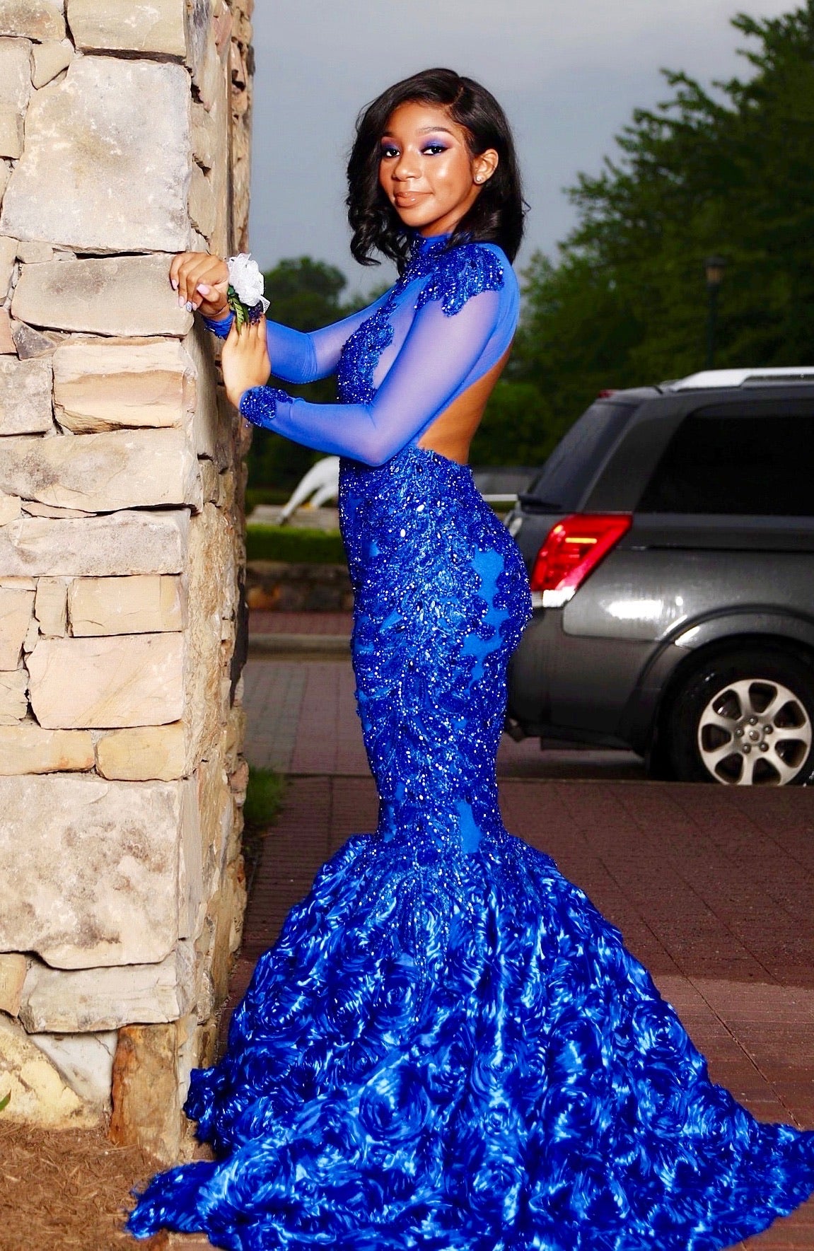 Blue Rosette Prom Dress